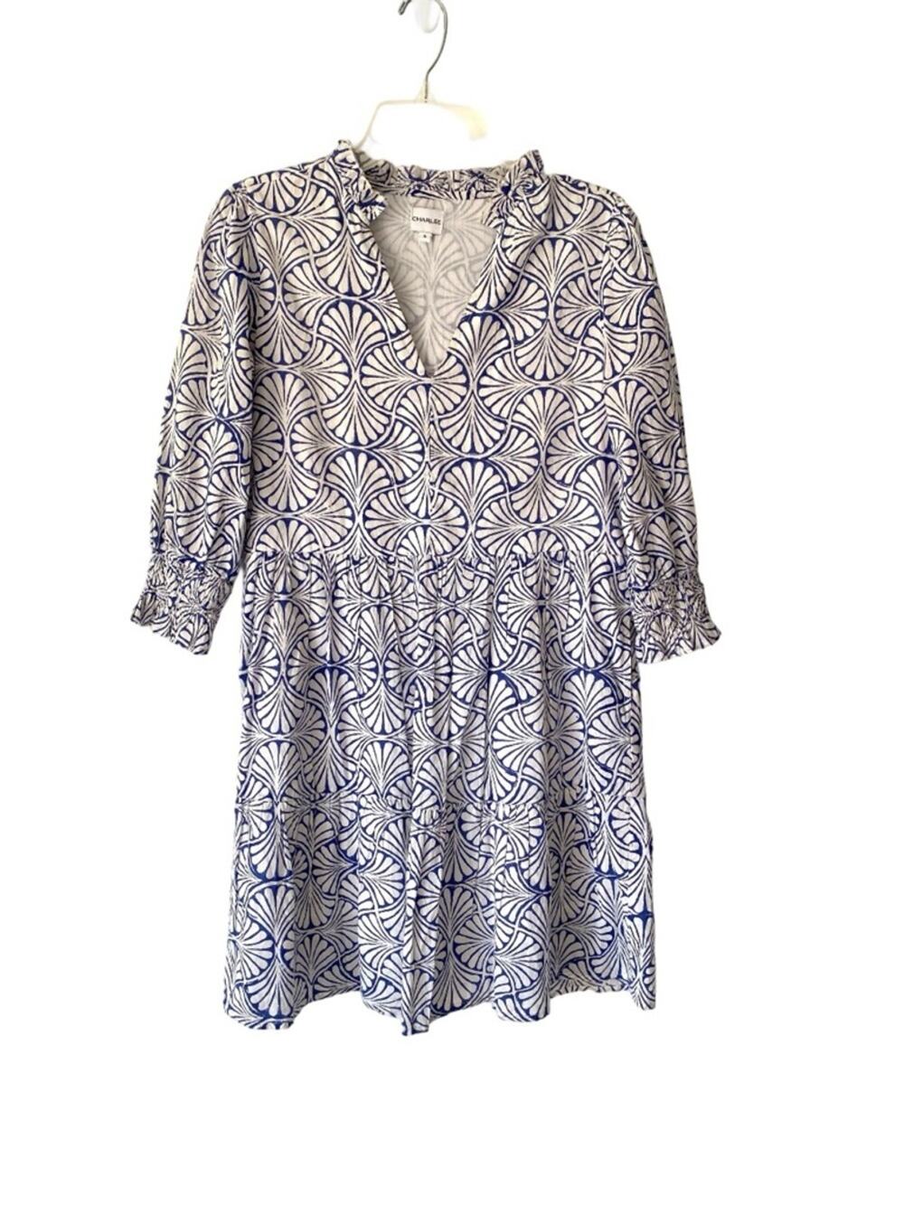 Charleston Shoe Company Charlee Blue White Alexis Dress size small Ruffle Trim